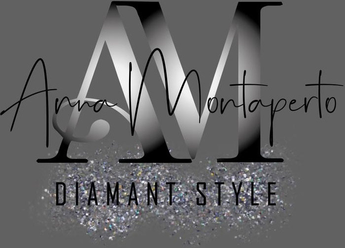 Graues Logo mit schwarzem Text "Anna Montaperto" und "Diamant Style" mit Glitzer.